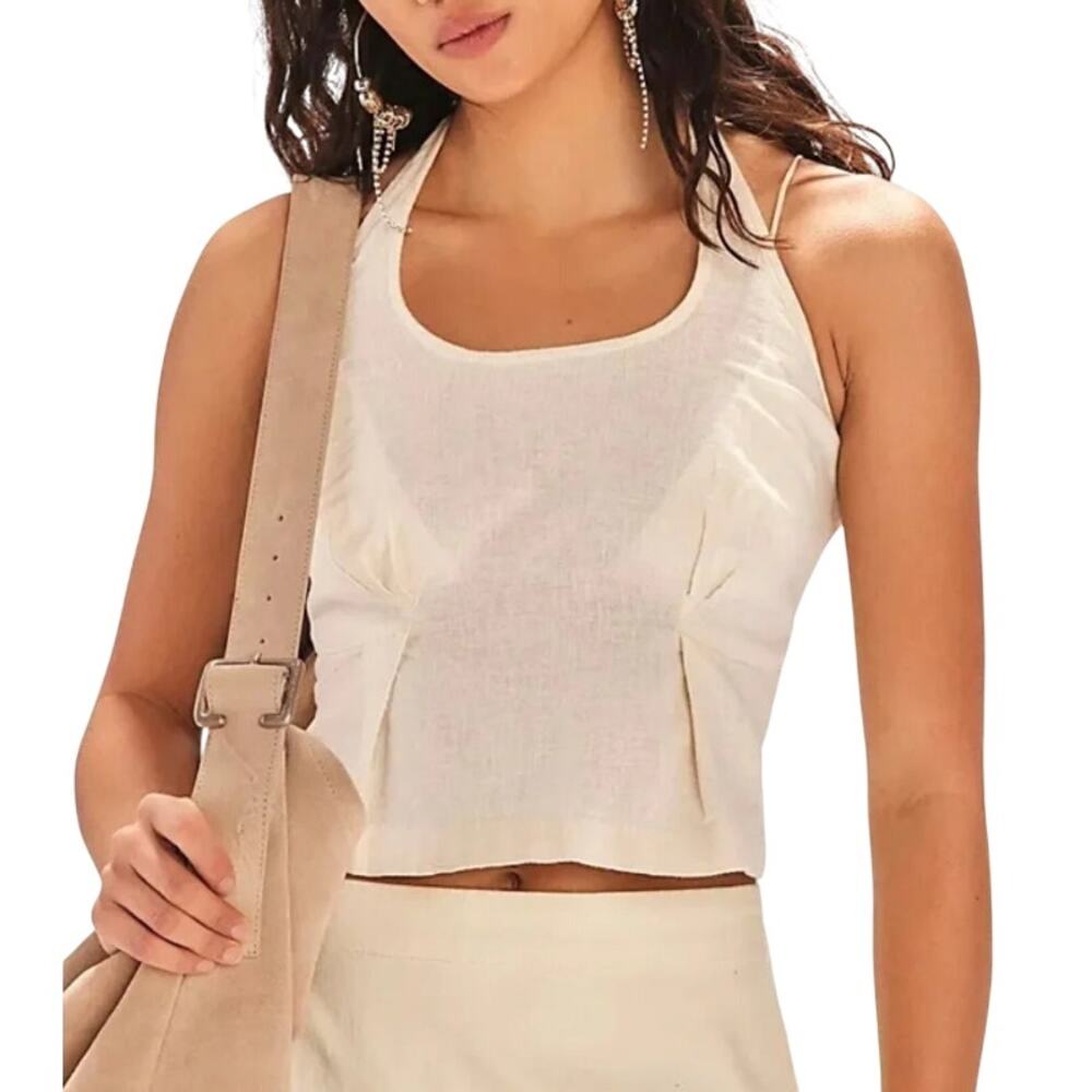 Free People Melted Away Butter Yellow Halter Cotton-Linen Top Size L